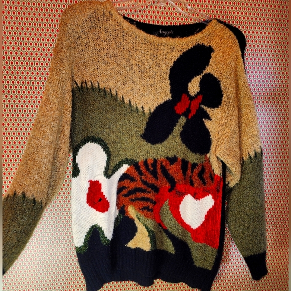 Vintage Angenie Tiger Motif Sweater, Size Large - Small Tear - Picture 1 of 7